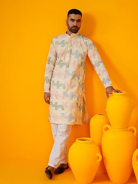 Men's Cotton Kurta with Multi Color Designer Embroidery